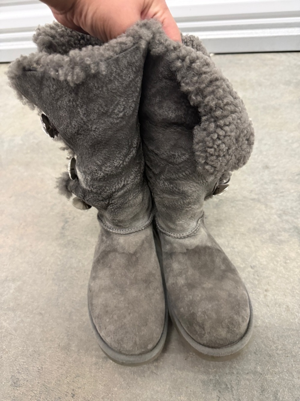 UGG Grey Suede Shearling Button Mid-Calf Boots - Picture 2 of 5